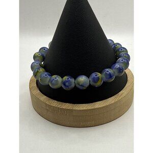 Marbled Bead Adjustable Bracelet With Blue & Green Swirl Design